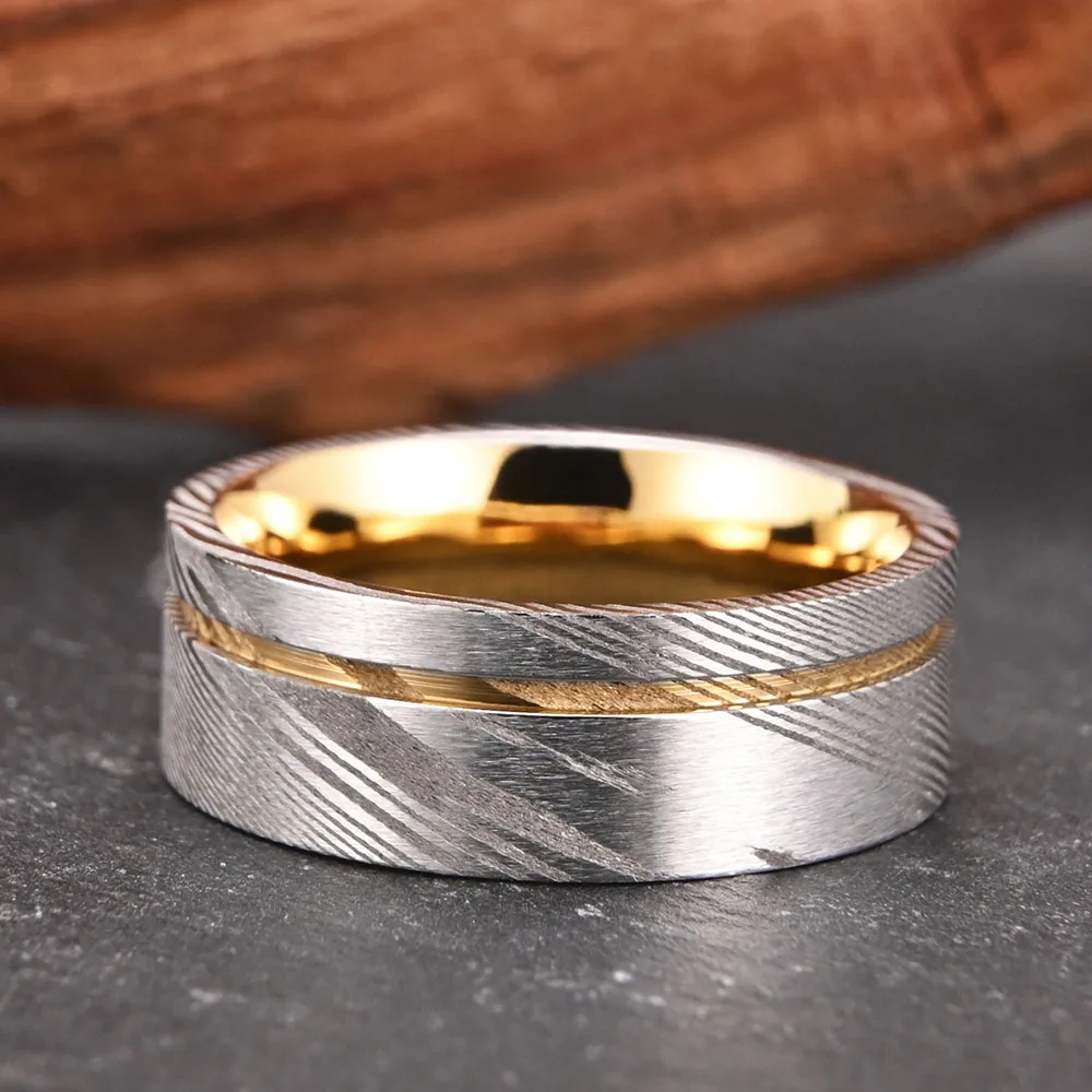 Wood Grain Damascus Steel Grooved Ring Two Tone Fashion Men's Tungsten Steel Wedding Ring Jewelry Gift