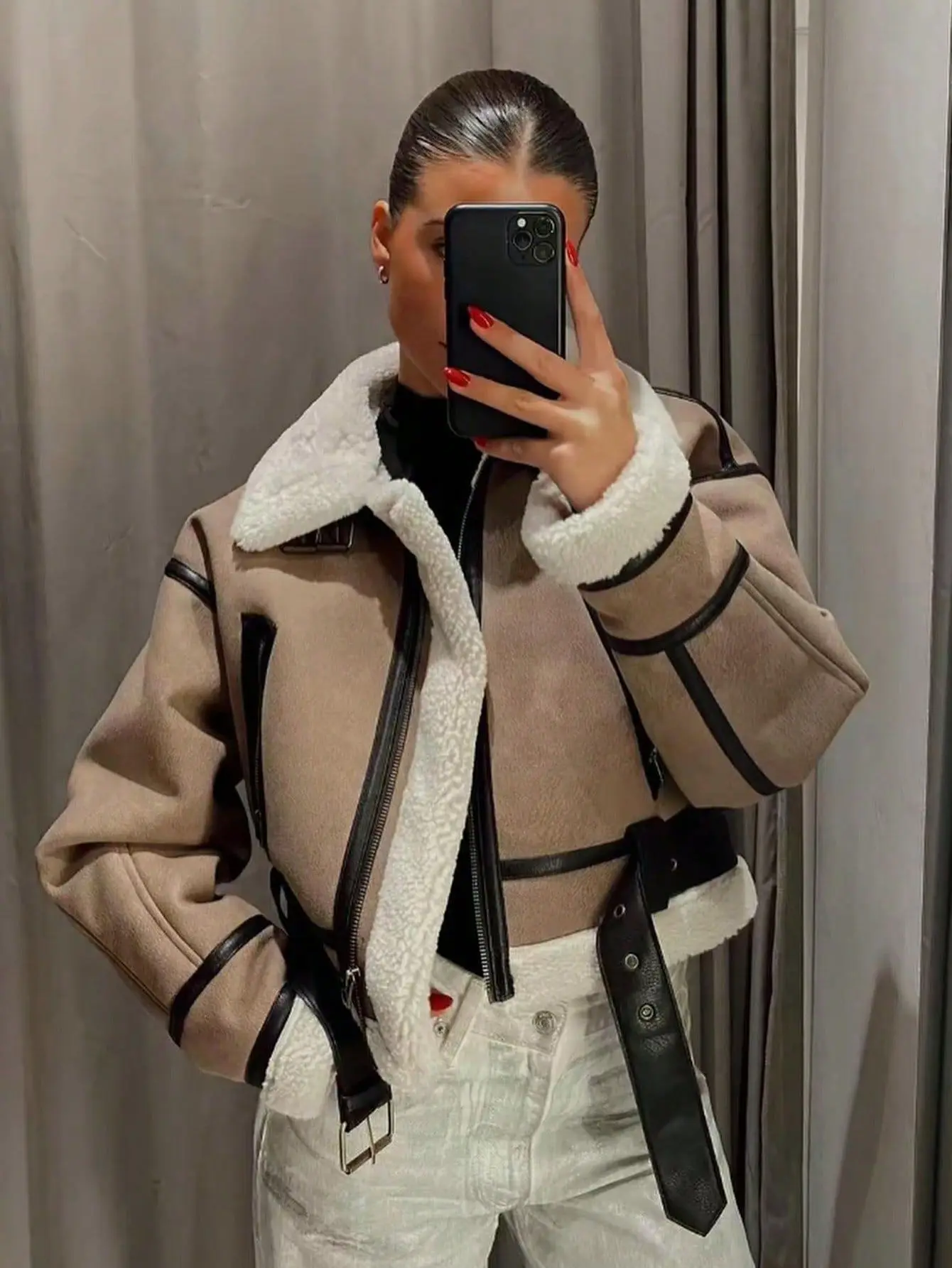 

HH 2025 Women's Fall Street Fashion Jacket Versatile Lapel Belted Zipper Fly With Pockets Long Sleeves Vintage Short Coats