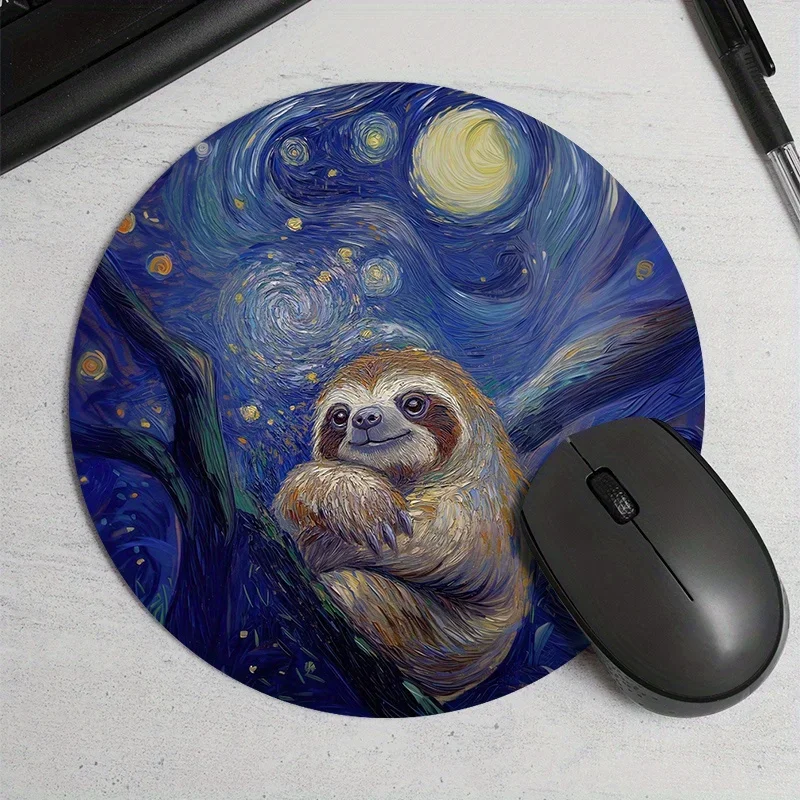 The Circular Mouse Pad With Starry Night Sloth Pattern Is Durable Waterproof And Made Of Anti Slip Rubber For Home Use
