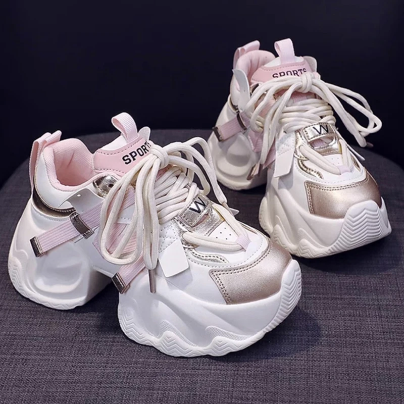 Women Walking Sneakers Autumn Lace-up High Platform Chunky Shoes Breathable Leather Shoes 10CM Winter Wedge Heels Casual Shoes