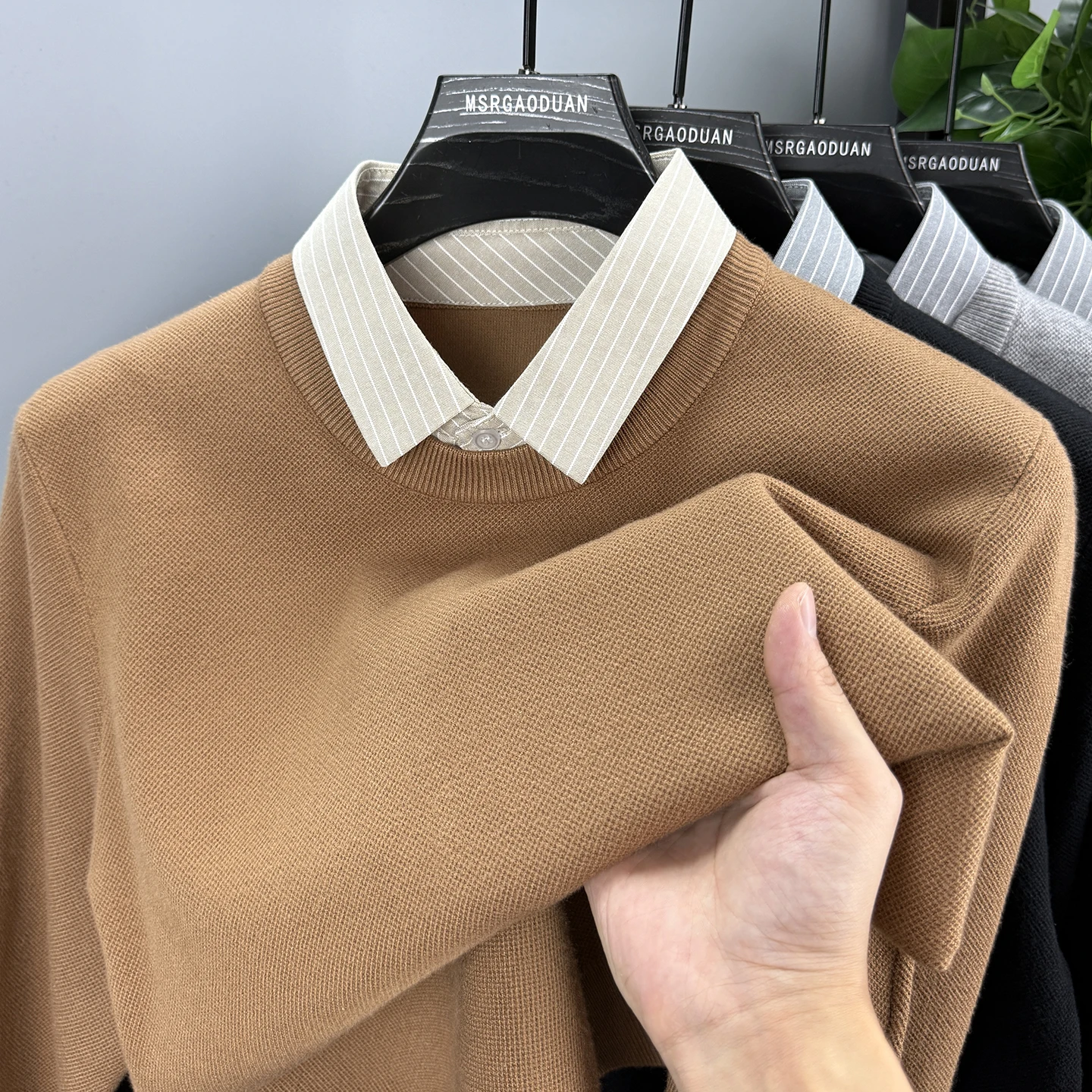 

Мужской вязаный свитер с воротником-стойкой, однотонный, утепленный, теплый базовый слой, модный, осенне-зимний, новинка, цельный.