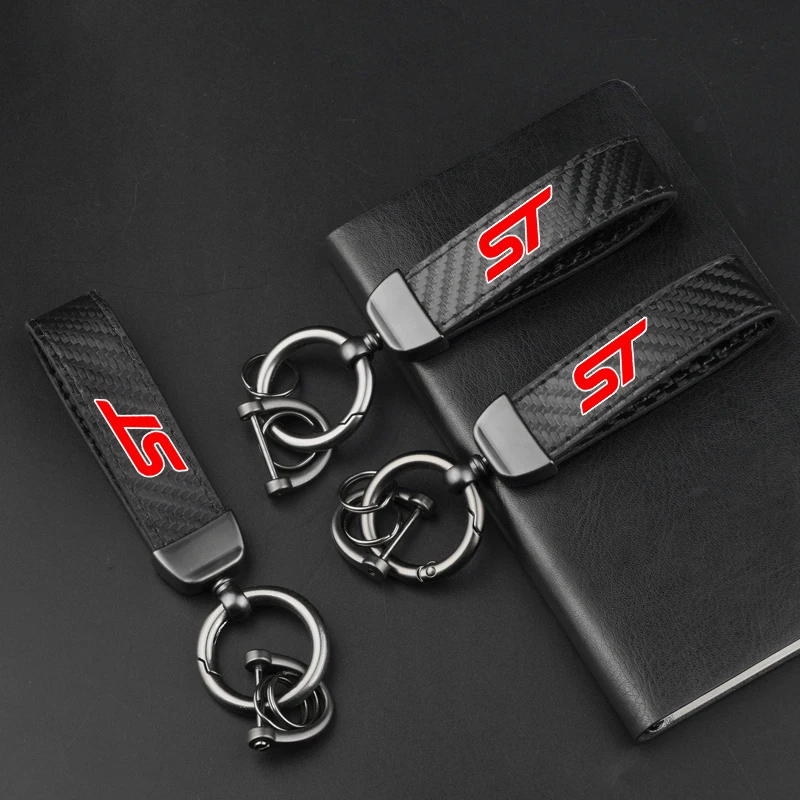 Leather Carbon Fiber Car Ring Keychain Trinket Zinc Alloy Keyrings Rotate 360 Degrees For Ford ST Focus Mondeo Fiesta Ecosport