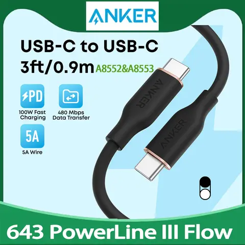 Anker 643 PowerLine III Flow USB C a USB C Cable 3 pies/0,9 m 6 pies/1,8 m 100 W Cable de gel de sílice de carga rápida