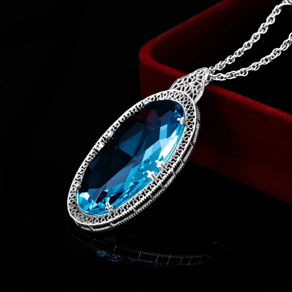 925 Sterling Silver Pendants For Women Vintage Oval Aquamarine Gemstone Pendant Necklace Gothic Style Fine Jewelry Wholesale New