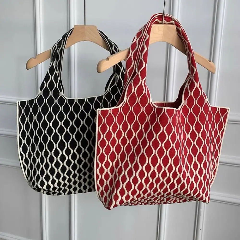 Sac fourre-tout à carreaux double tricot tissé à la main pour femme, sac de poignet à nœud, grande capacité, mode