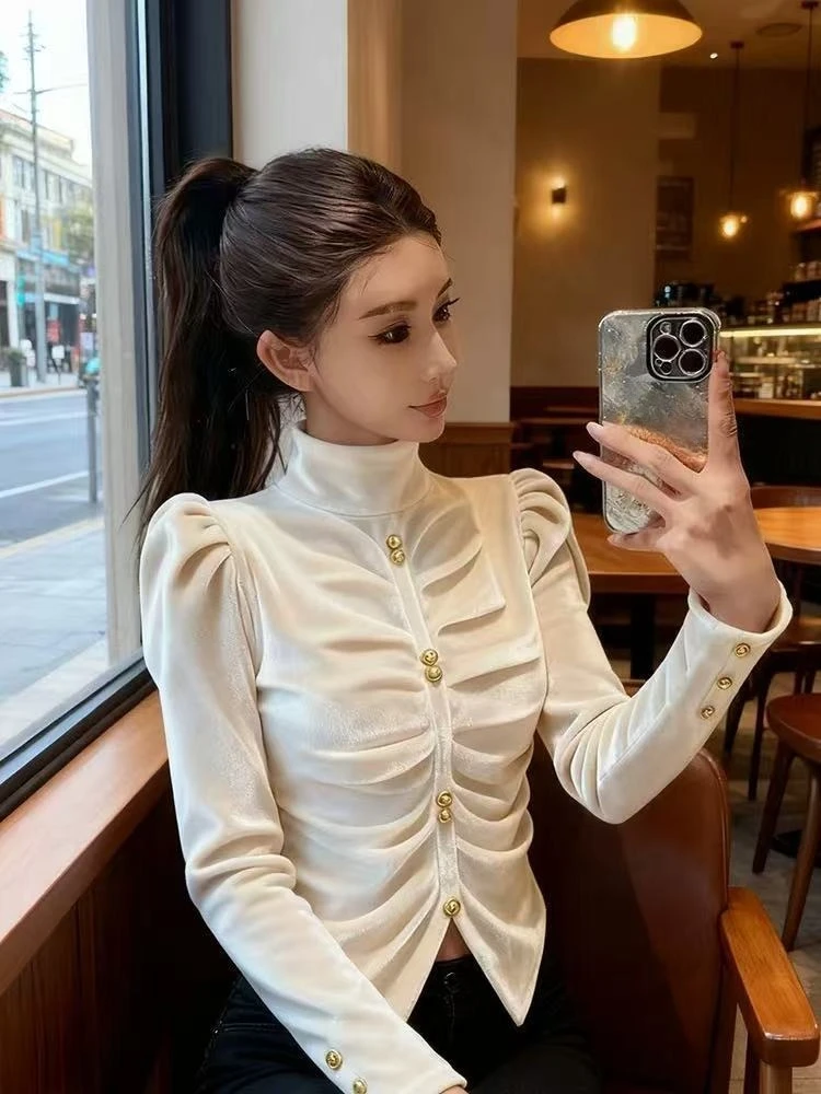 Camisa superior de terciopelo Beige de manga larga plisada con cuello de tortuga para mujer primavera otoño, ropa de mujer Tops de terciopelo camisas