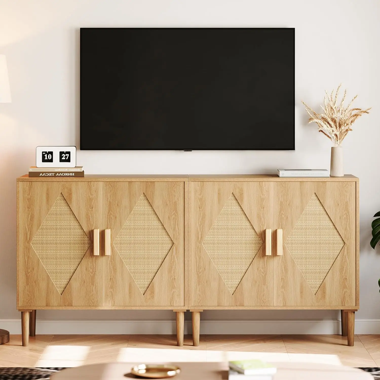 Rattan Sideboard Cabinet, Farmhouse Storage for Living Room | Hand-woven rattan with wood frame, Dual-door cabinet with adjustable shelf, Anti-tip kit included for safety