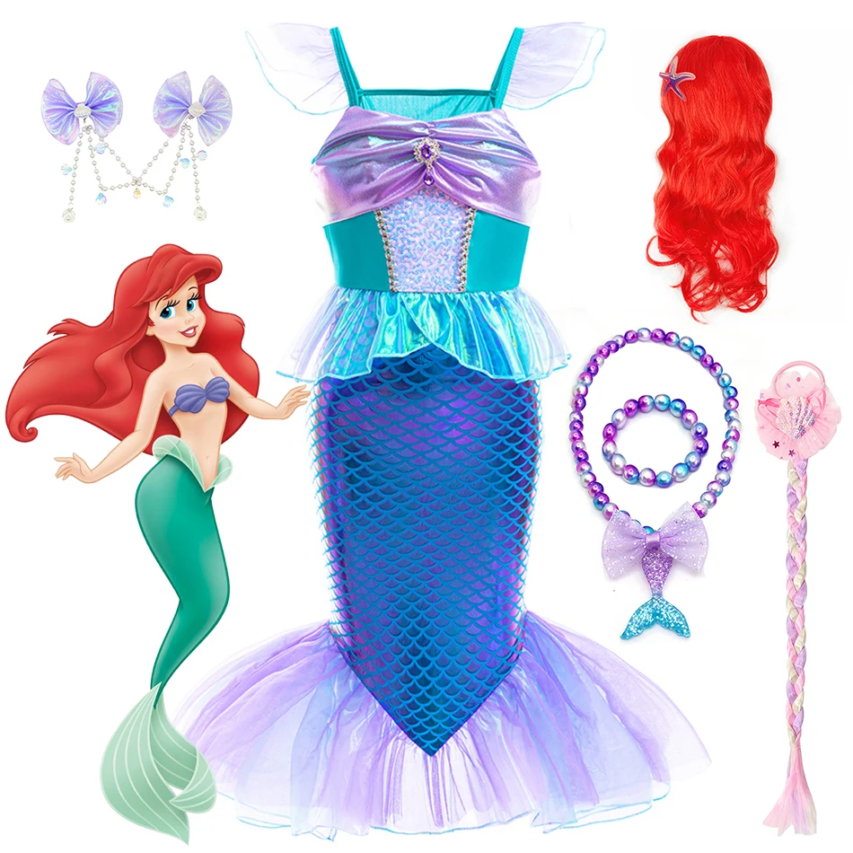 Disney Little Mermaid Dress Girls Princess Cosplay Costume Birthday Carnival Halloween Party Clothing Kids Ariel Fishtail Skirt