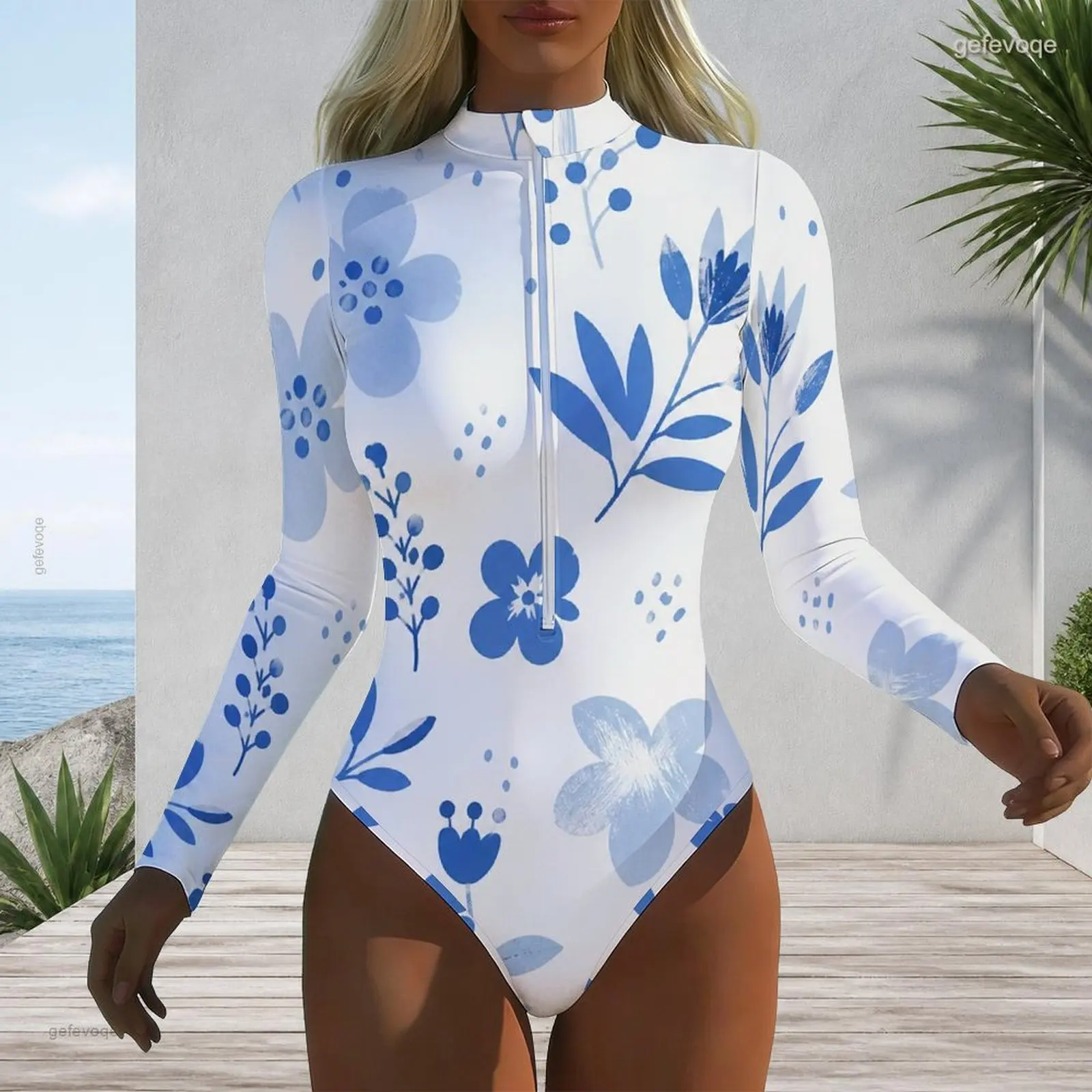 Printed Swimsuit for Women High Neck Front Zip Long Sleeve One Piece