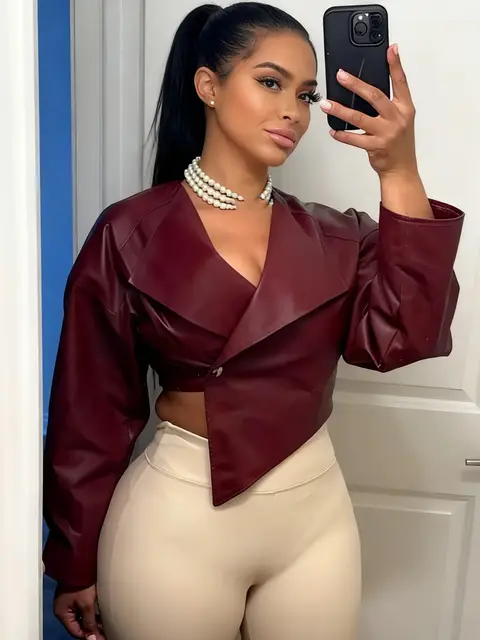 Sisterlinda Faux Leather Single Button Crop Jacket Women Autumn Trend Cross Neck Full Sleeve Wild Style Classic Streetwear Coat Sisterlinda Faux Leather Single Button Crop Jacket Women Autumn Trend Cross Neck Full
