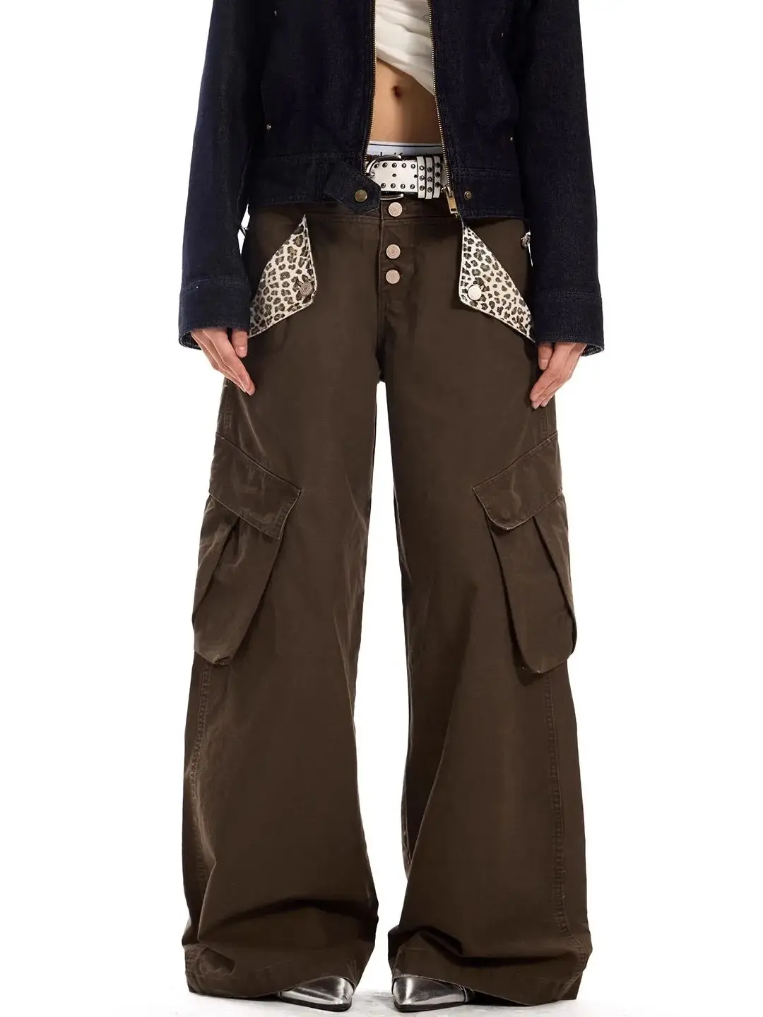 جينز أمريكي عتيق بجيب الفهد جينز نسائي Y2K موضة ملابس الشارع هاراجوكو فضفاض غير رسمي عالي الخصر بنطال ذو قصة أرجل واسعة