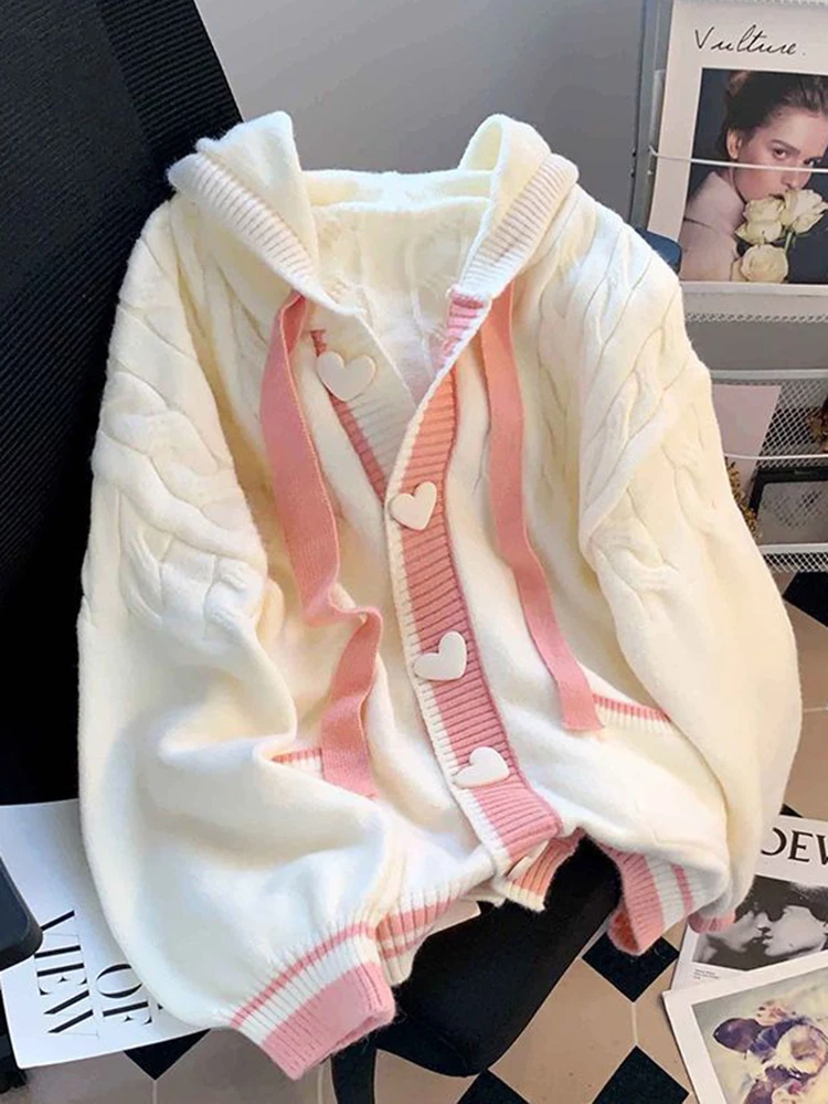 Image of Nette Süße Strickjacke Pullover Frauen Faul Wind Weiß Gestrickte Mäntel Lange Hülse Lose Weibliche Japan Kawaii Elegante Mit Kapuze Tops