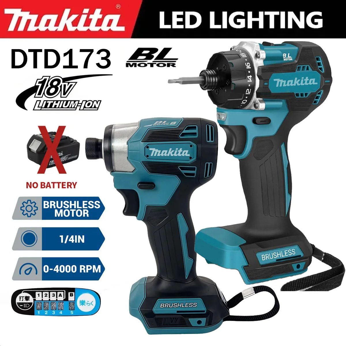 Makita DTD173 Бесщеточная электрическая отвертка 3800IPM 3600 об/мин ударная отвертка 180NM электрическая дрель по дереву/болту/Т-режим для батареи 18 В