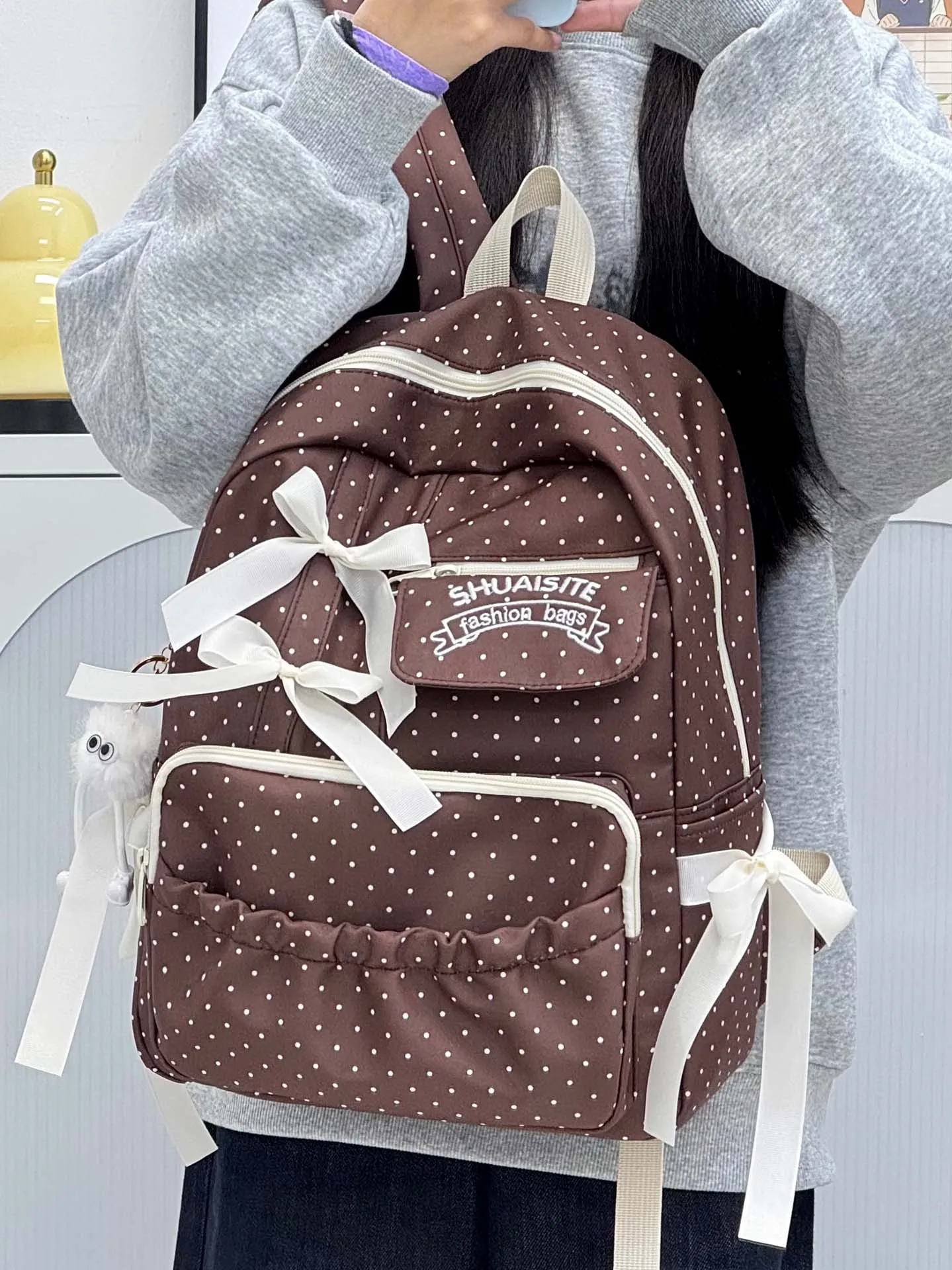 Simple Polka Dot Bow Backpack Multi Color Option Soft Girl Large Capacity Student Outdoor Commute Casual Rucksack