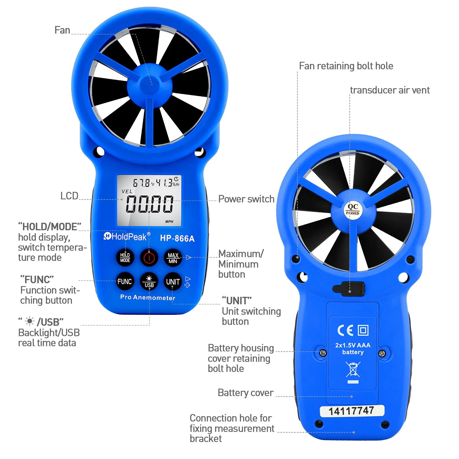 HP-866A Digital Anemometer, Ambient Temperature, Humidity, Dew Point, Wet-bulb Temperature, Wind Speed and Air Volume