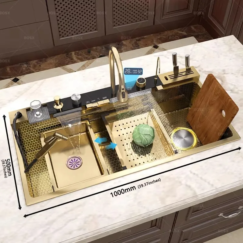 

100X50cm Golden Kitchen Smart Waterfall Stainless Steel Sink Multifunctional Apartment Kitchen Washbasin