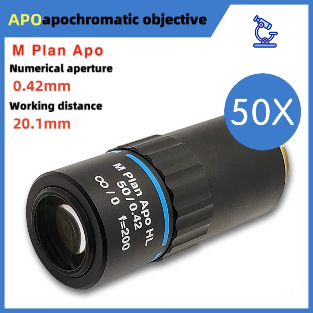 50X Plan Apo objective lens, metallographic, with special long working distance and apochromatic correction, replacing Mitutoyo