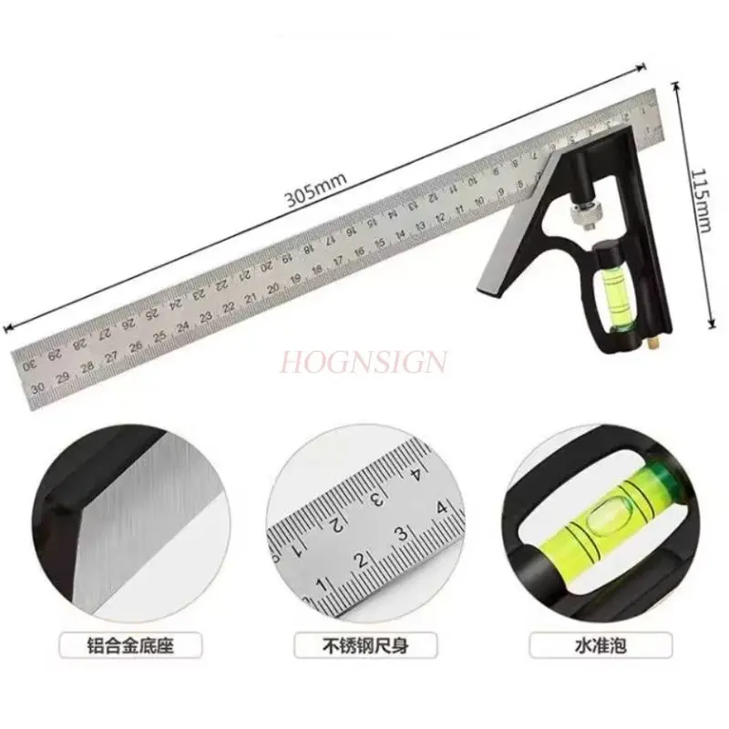 1 Uds. Regla de ángulo recto multifuncional gruesa de acero inoxidable para carpintería de alta precisión, regla de ángulo de combinación móvil