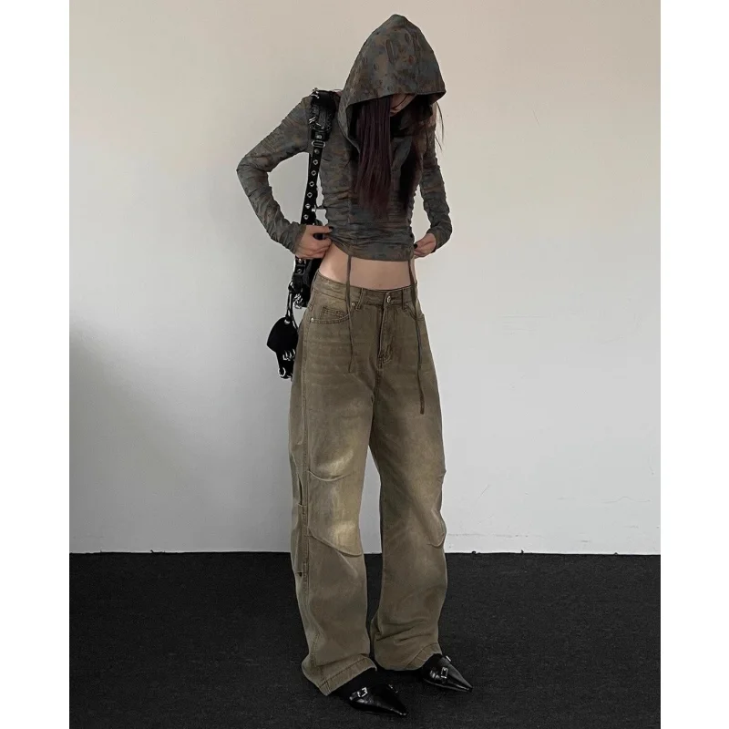 Khaki Vintage High Waist Women Jeans Fashion Streetwear Wide Leg Jean Hip-hop Y2K Style Female Trouser 2024 Baggy Denim Pants