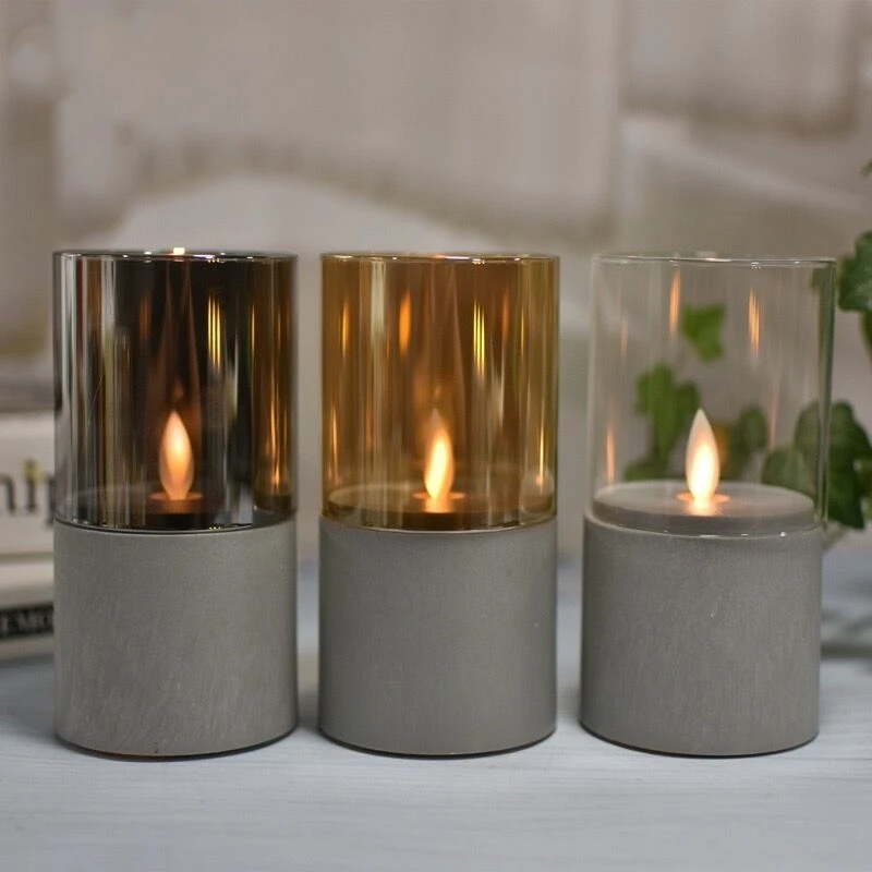 

Set of 3 Dancing Flame Led Glass Candles Concrete candle holder Battery Operated pillar tube lights Christmas Wedding table Deco