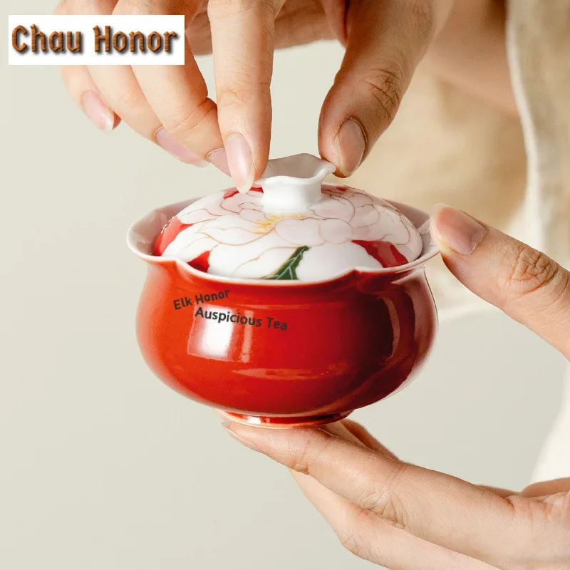 

90ml Hand-painted Butterfly Peony Red Gaiwan Japanese Tea Tureen Tea Bowl With Lid Kit Tea Brewing Cover Bowl For Teaware Gift