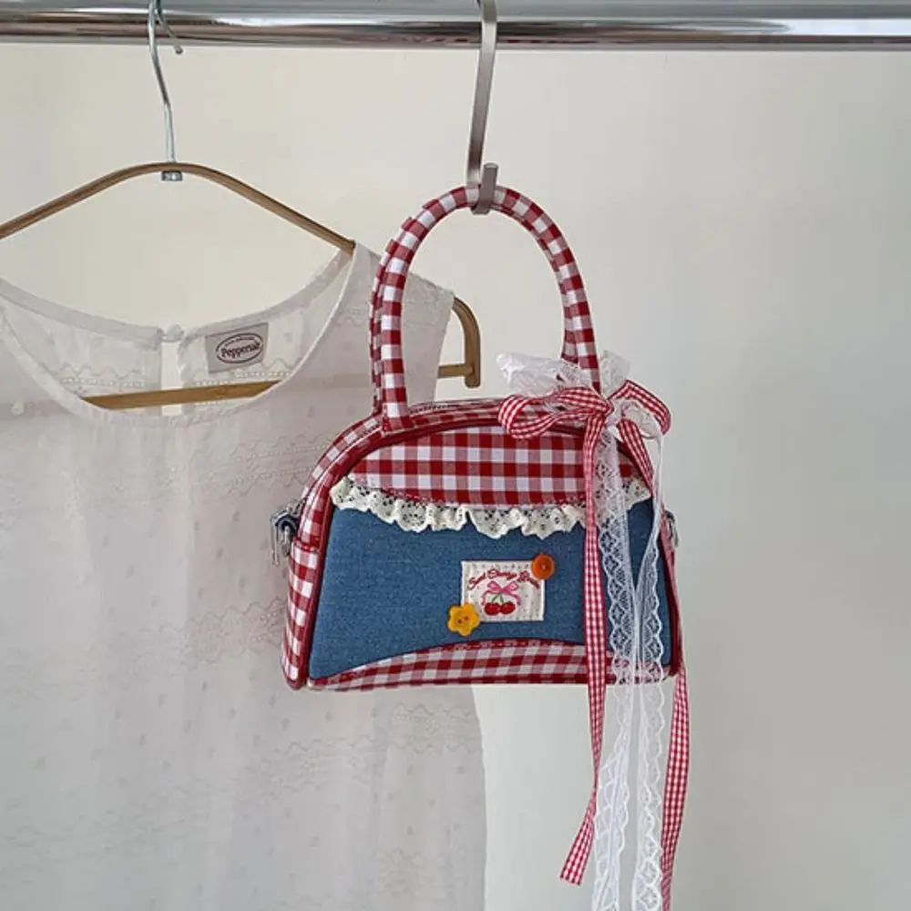 

Vintage Lovely Lattice Bowling Bag Leisure Rural Style Denim Plaid Handbag Commuting Bow Sweet Crossbody Bag Outdoor
