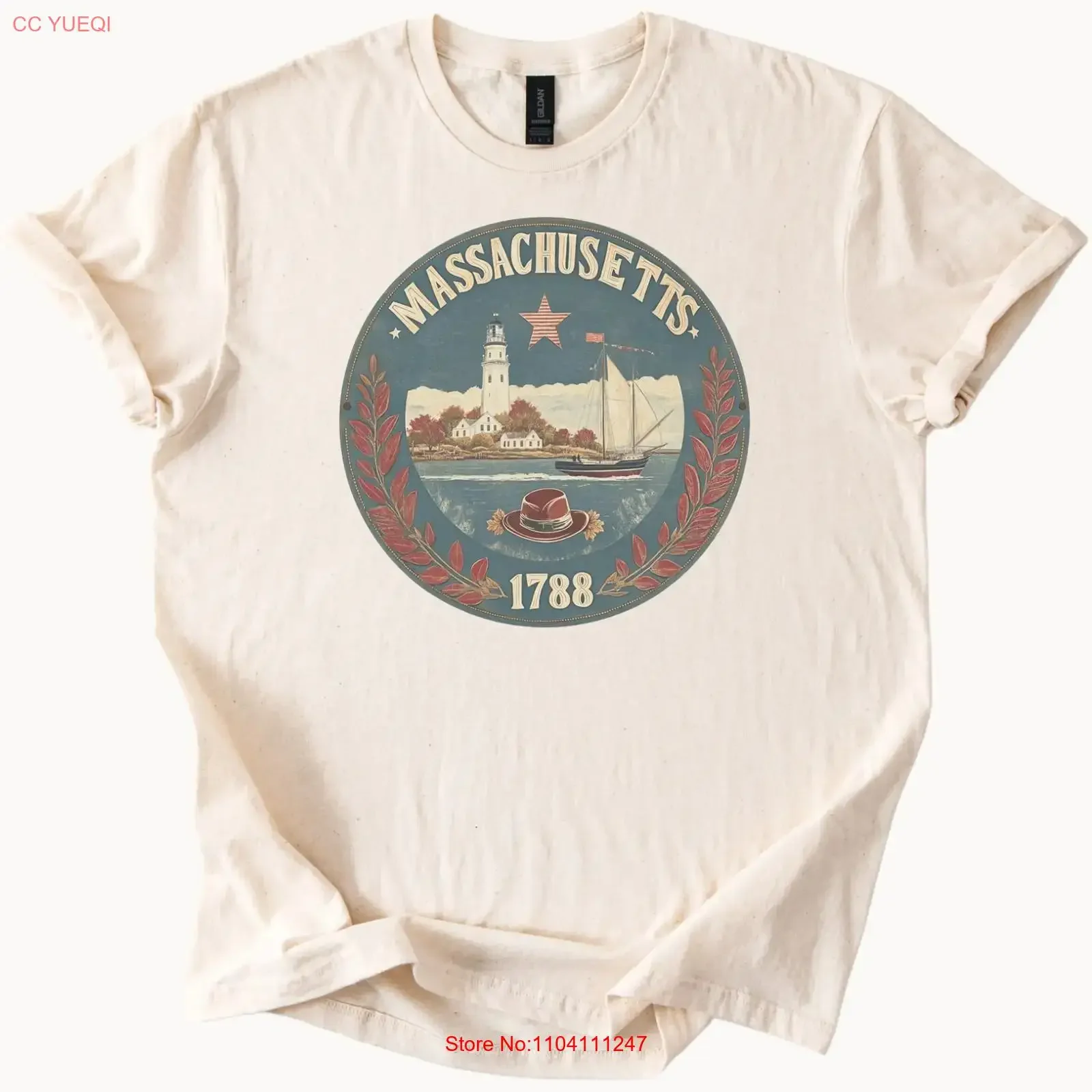 Massachusetts 1788 T Shirt Lighthouse Harbor Sailboat  vintage Washed Stretched Soft fashion Versatile Unisex Casual graphic
