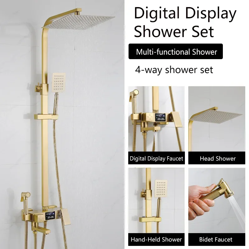 Rozin Brushed Gold Shower Set Wall Mounted Brass 4-Ways Bathroom Shower Faucets with Bidet Hot Cold Water Mixer Tap