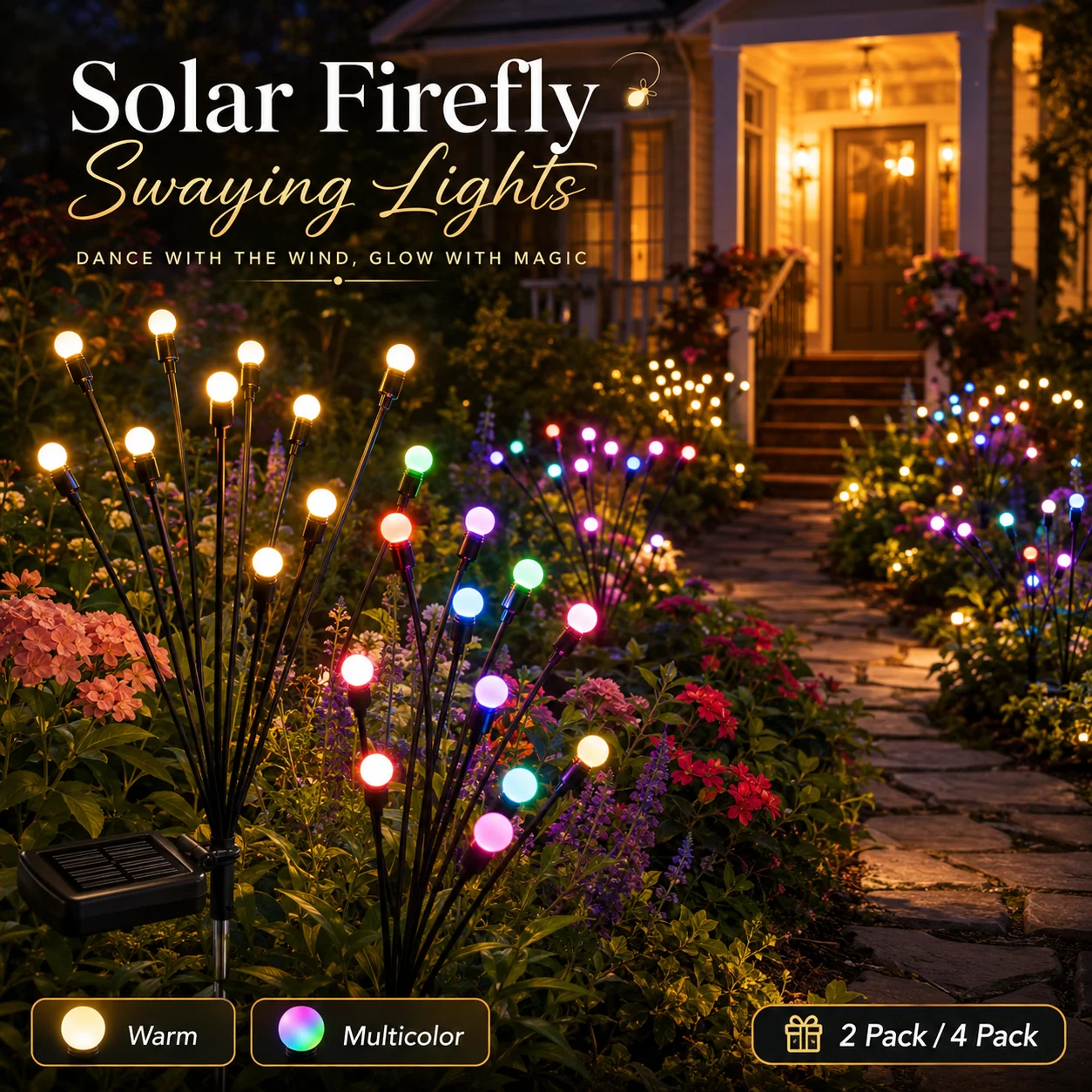 Solar Garden Lights Firefly Swaying Stake Lights 2/4/8 Pack 10LED 8 Modes Warm Multicolor for Pathway Yard Christmas Decor