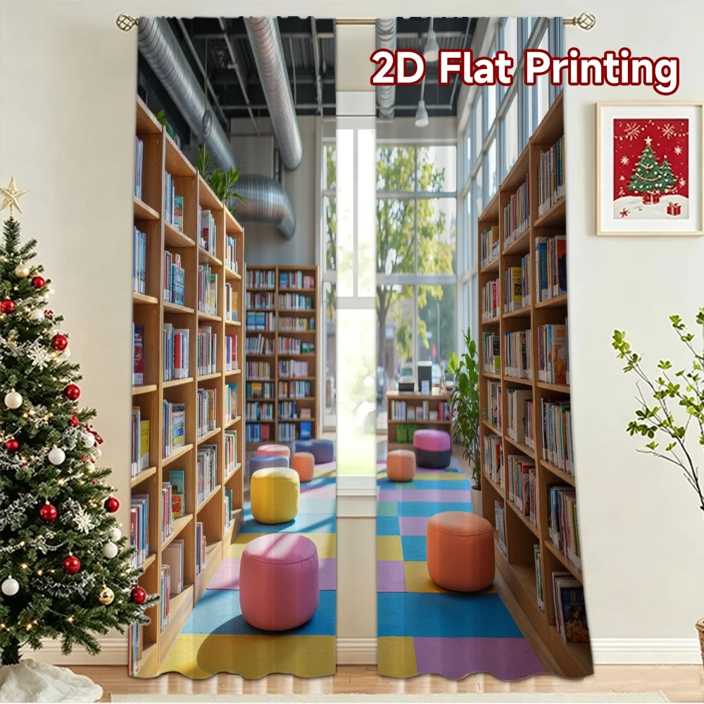 2D flat 2pcs Curtain Modern Minimalist Style Sunny Library Reading Room Durable polyester fiber Holiday Decorations for Indoor