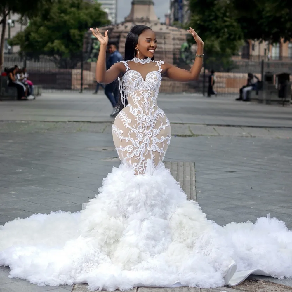 Femmes africaines sirène robes de mariée avec col haut Sexy vestidos de novia glands à plusieurs niveaux Tulle grande taille robe de mariée