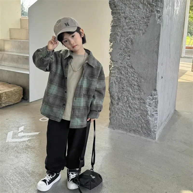 

2025 Spring Autumn New Style Korean Children Boys T-shirt Cotton Plaid Fashion Casual Streetwear Soft Kid Boy Shirts
