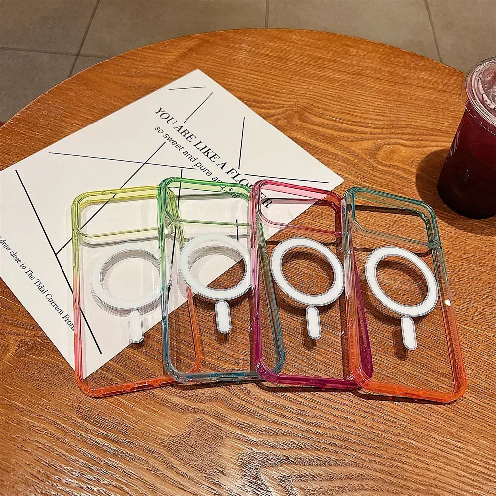 GradientสีสันสําหรับMagsafeเคสโทรศัพท์แม่เหล็กสําหรับ 17 Air 16E 15 14 Plus 13Mini 12 11 Pro Max Clear Wireless Chargeฝาครอบ