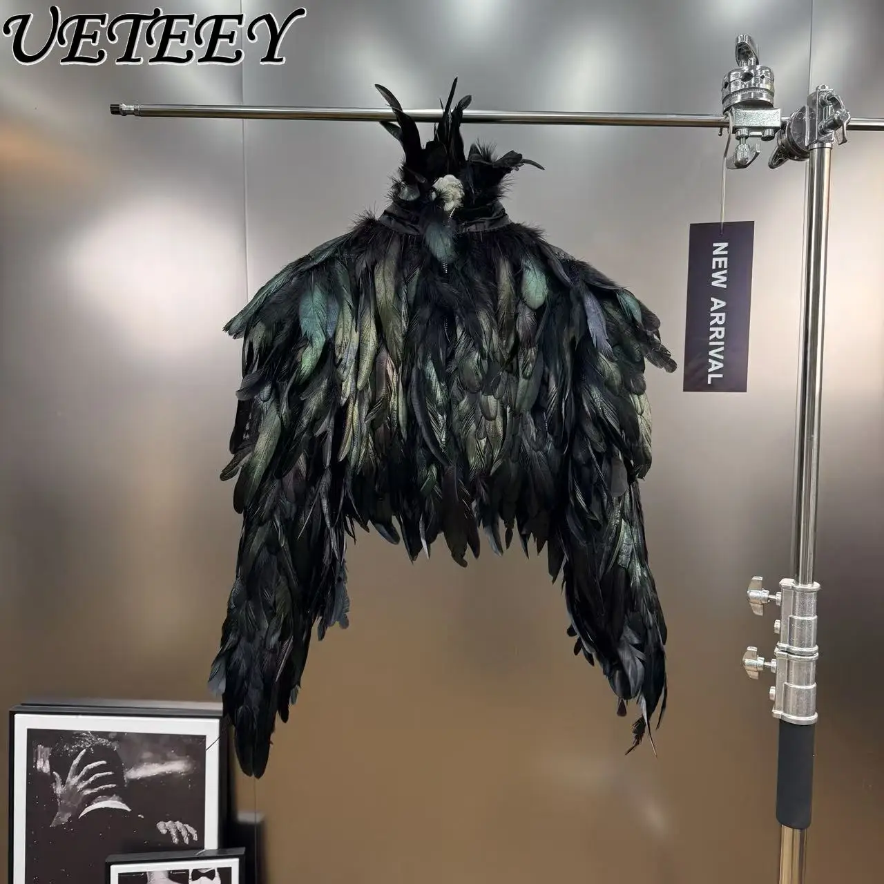 

Winter New Heavy Feather Design Stand Collar Long Sleeve Coat European and American Ins Style Fashion Black Faux Fur Jacket