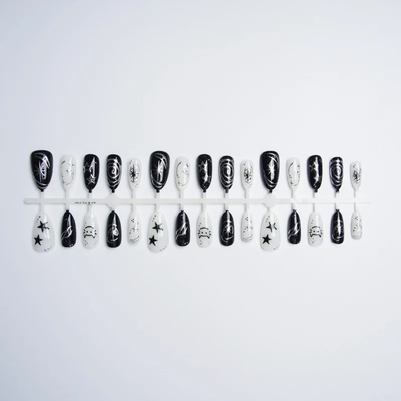 24PCS Y2k Black Almond Press on False Nails Handmade Star Cat Cute Silver Swirl Sweet Cool French Fake Nails Wearable Nail Tips 5