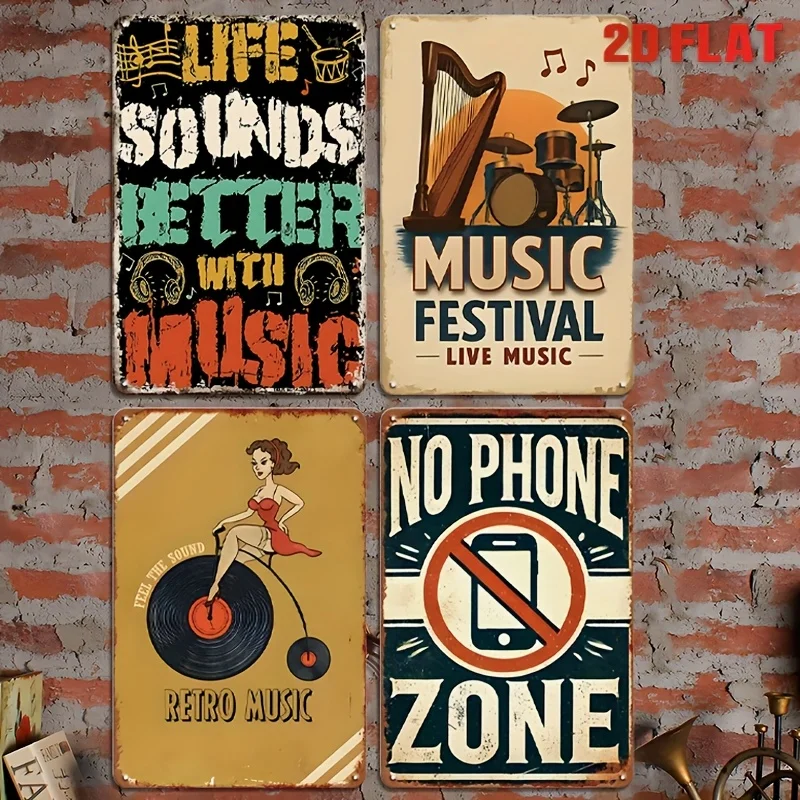 2D Flat Decorative Signs & Plaques 4pcs Vintage Music Theme Metal Tin Sign - 8x12inch - For Home, Restaurant, Bar, Cafe, Garage