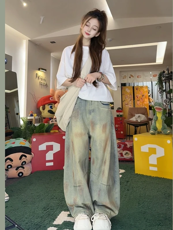 

Свободные женские джинсы с высокой талией в американском стиле ретро, брюки-ножи, осенний дизайн, широкие брюки с косой