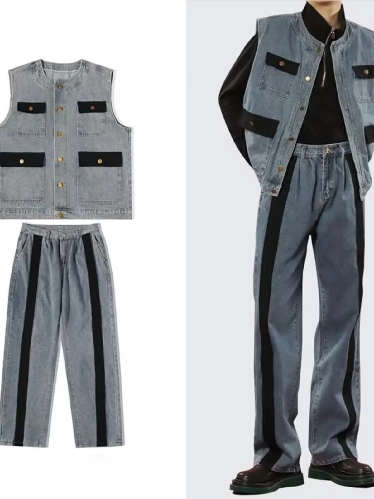 

Модный ретро-комплект уличной одежды: джинсовый жилет и брюки для мужчин. Стильный и эффектный двухсоставный костюм для молодежи.