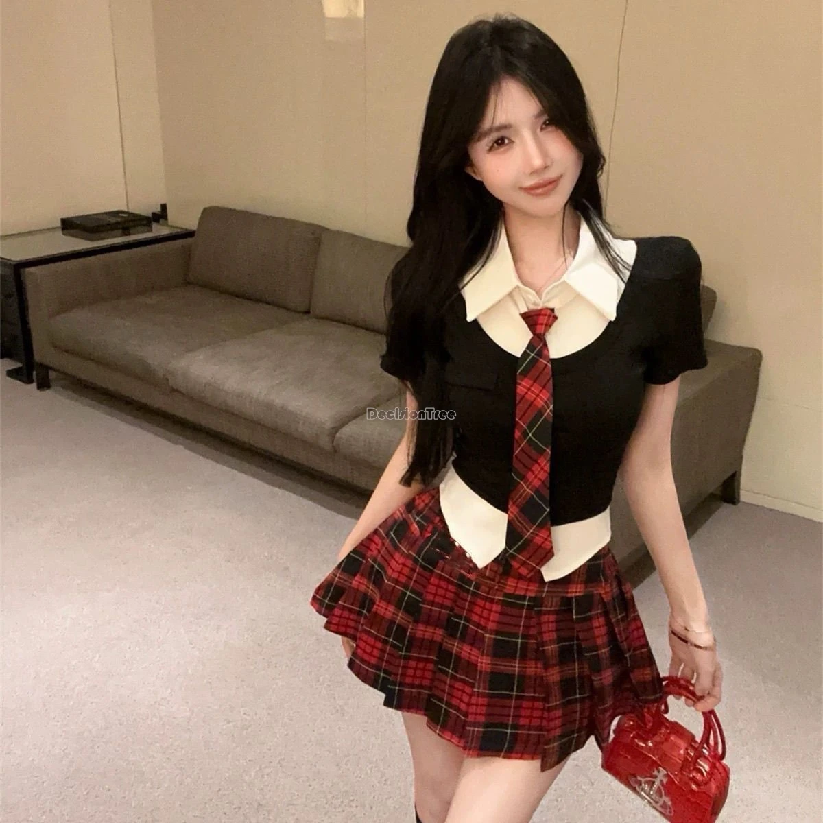 2025 stile coreano colletto polo top a maniche corte a vita alta jk plaid gonne corte 2 pezzi estate ragazze uniforme scolastica jk set