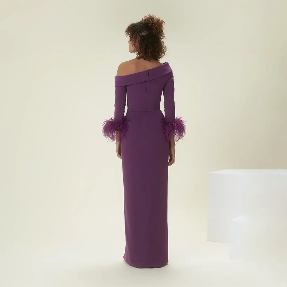 Vestido de noite roxo personalizado fora do ombro pena mangas compridas vestidos de noite para mulher 2025 coxa fenda vestido formal