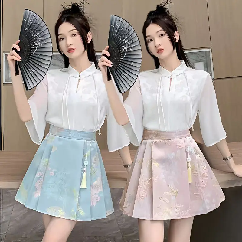 2026 New Chinese Style Satin Jacquard Skirt Summer Women High Waist Pleated Skirts Female Vintage Hanfu Skirt Horse-face Skirt