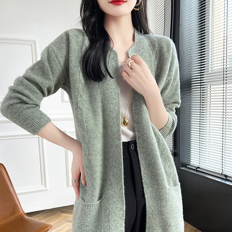 Simple o collar cardigan 100% Merino wool cardigan Autumn and winter new cashmere sweater women's warm bottom knit shirt top