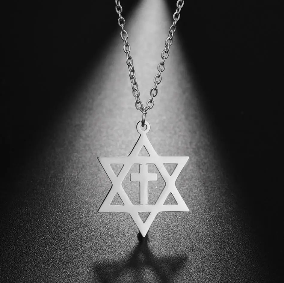 1PC Nice Cross Star of David Necklace Hexagram Chain Supernatural Amulet Jewish Gift For Woman Man Stainless Steel Jewelry F1146