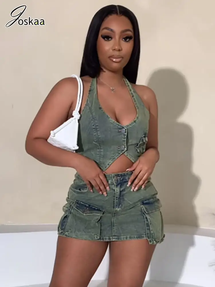 

Joskaa 2025 Summer Women's Denim Two Piece Set Sexy Halter Crop Vests and Pocket Mini Skirt Matched Holiday Y2K Streetwear S-XXL