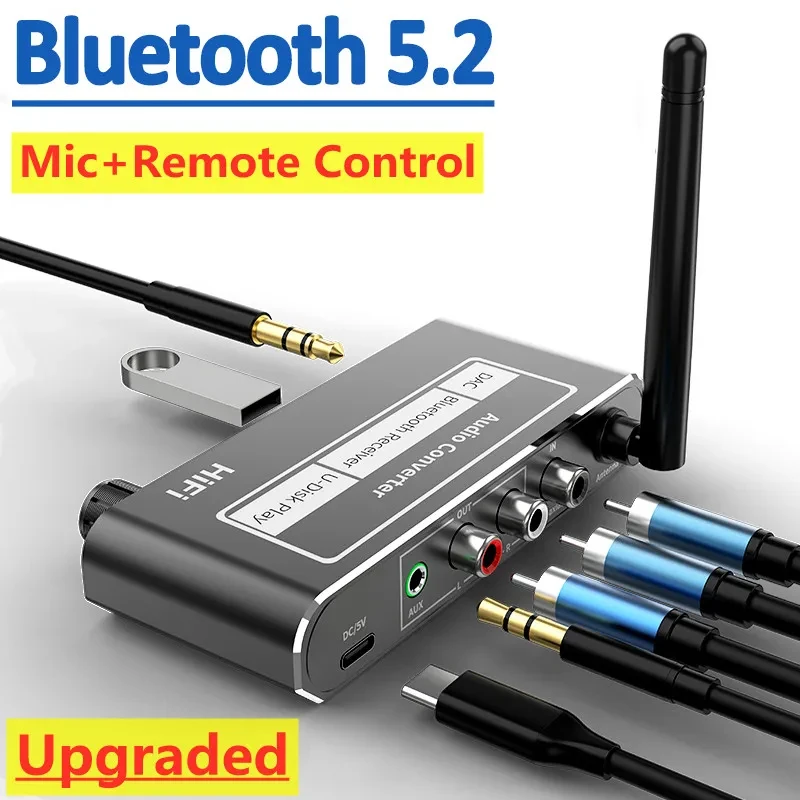 HIFI Bluetooth 5.2 Audio Receiver DAC Coaxial Digital To Analog Converter 3.5mm AUX RCA Mic U Disk Jack Stereo Wireless Adapter