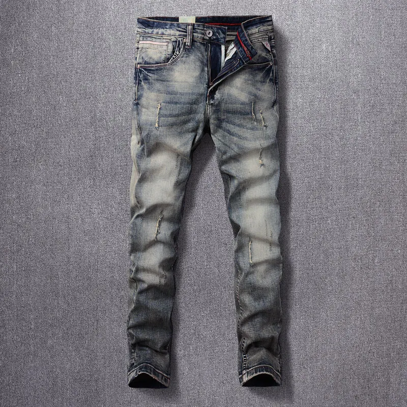 

Italian Style Fashion Men Jeans Retro Washed Blue Elastic Stretch Slim Fit Ripped Jeans Men Vintage Designer Denim Pants Hombre
