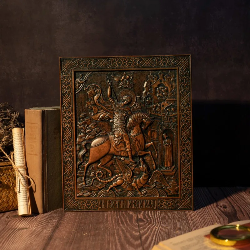 Wood Carving St. George and the Dragon Religious Wall Decoration Carving Ornamen Gift