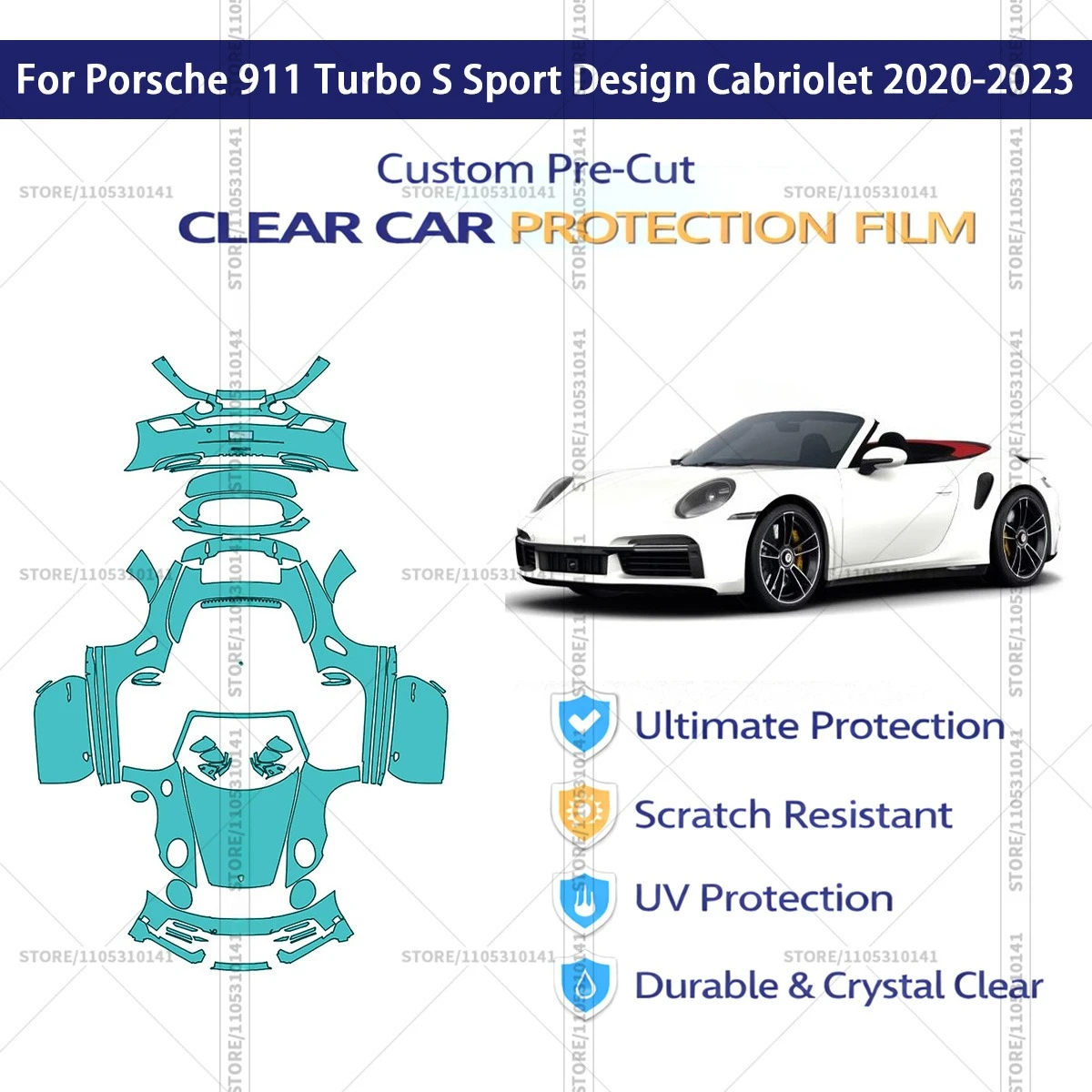 

Защитная пленка PPF для Porsche 911 Turbo S Sport Design Cabriolet 2020-2023, прозрачная, предварительно вырезанная, автомобильная пленка PPF
