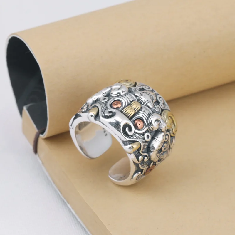 Kui Niu Ring Men's Fashion Open Hip Hop Thai Silver Personalized Single Ring Pure Silver Retro Goutie Pattern Ring Women's Index