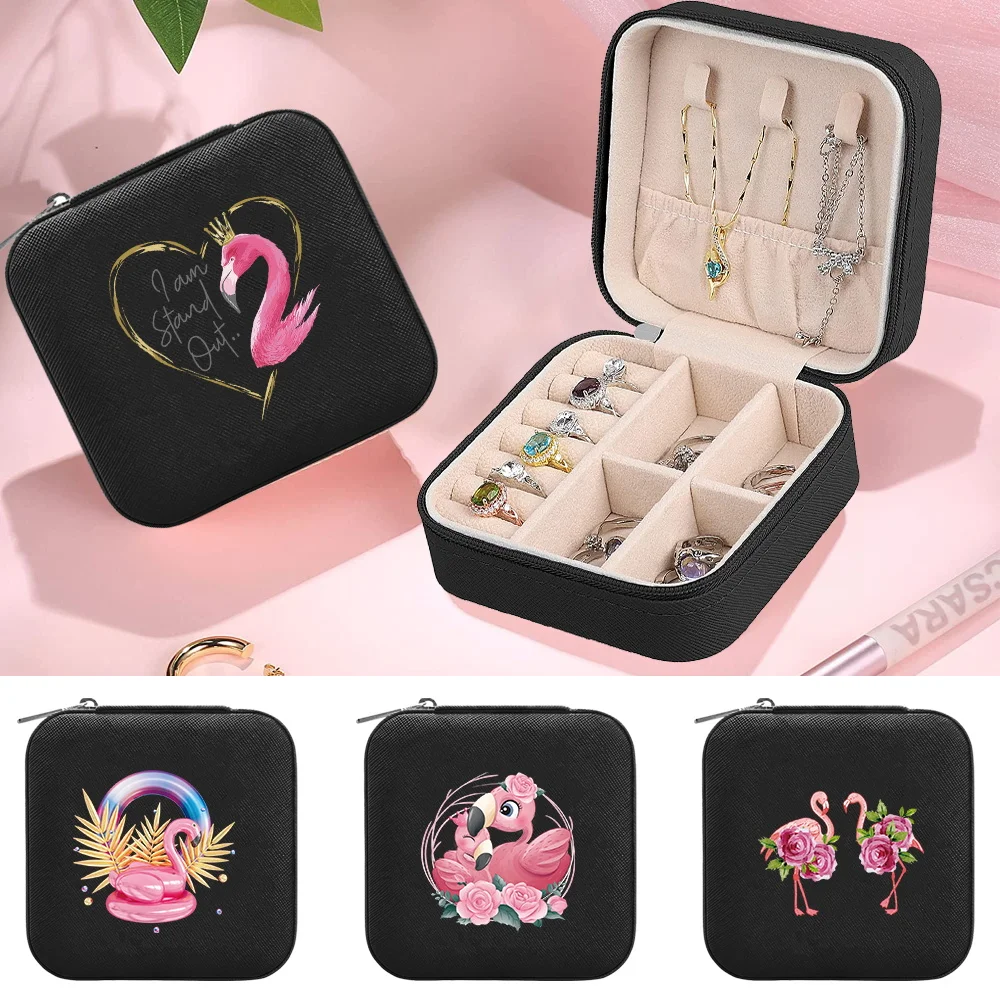 Square Jewel Case Women's Jewelry Storage Box with Zipper PU Leather Waterproof Jewels Boxes Organizer Device Flamingo Series